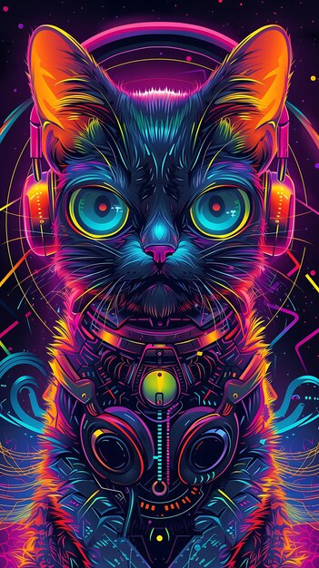 Retrato de un gato plegable escocés con una cola biónica y un elegante cartel de Cyberpunk S