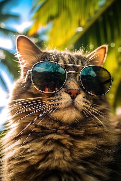 Retrato del gato que está en gafas de sol descansando al aire libre