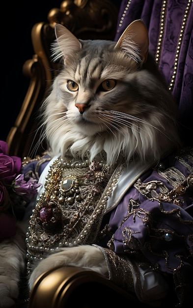 Foto retrato del gato real bosque noruego rey pirata vestido corona túnica diseño de moda vestido arte