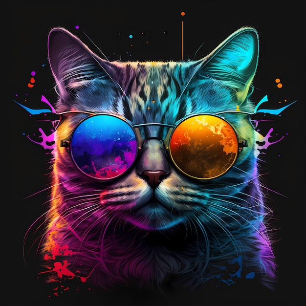 Retrato de gato retrowave con fondo negro