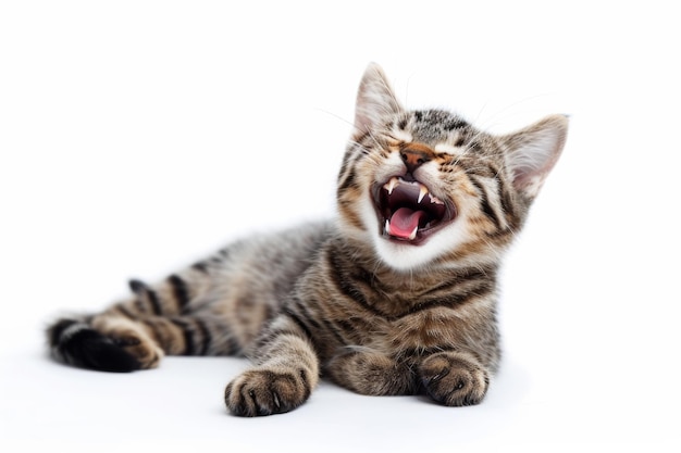 Foto retrato de un gato riendo o bostezando