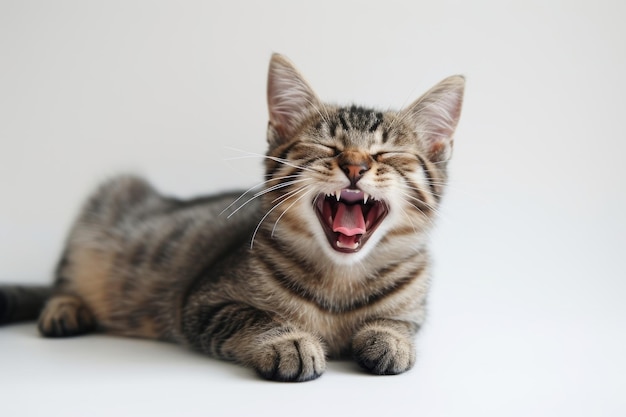 Foto retrato de un gato riendo o bostezando