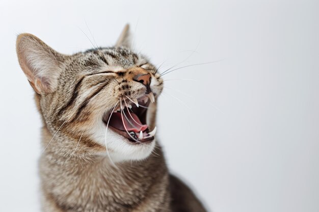 Foto retrato de un gato riendo o bostezando