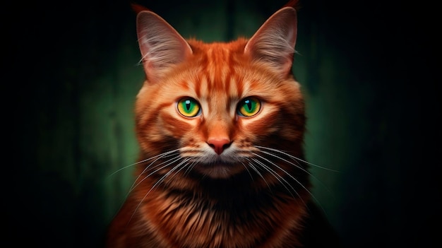 Retrato de un gato rojo con ojos verdes en un fondo oscuro