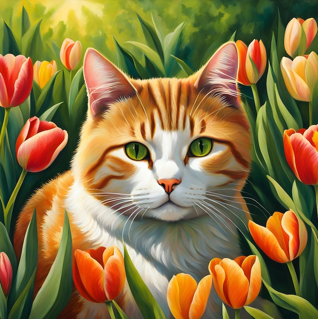 un retrato de un gato sentado en un campo de flores en el bosque