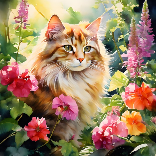 un retrato de un gato sentado en un campo de flores en el bosque