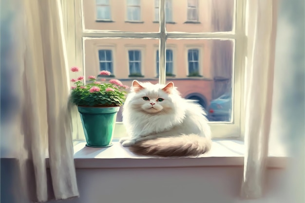 Retrato de un gato sentado cerca de la ventana Pintura de ilustración de estilo de arte digital Estilo de dibujos animados de un gato cerca de la ventana