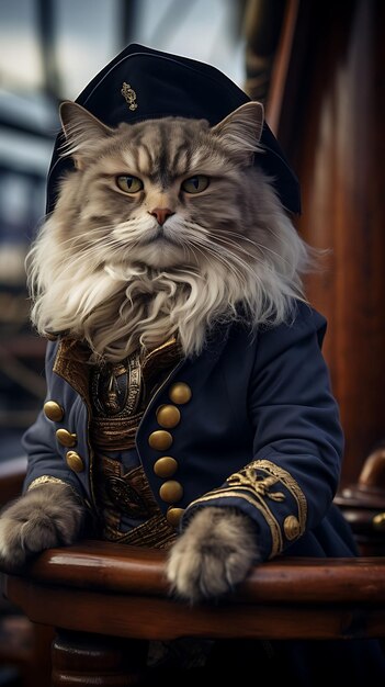 Foto retrato de un gato sofisticado pirata británico de pelo corto traje de almirante colecciones de arte animal