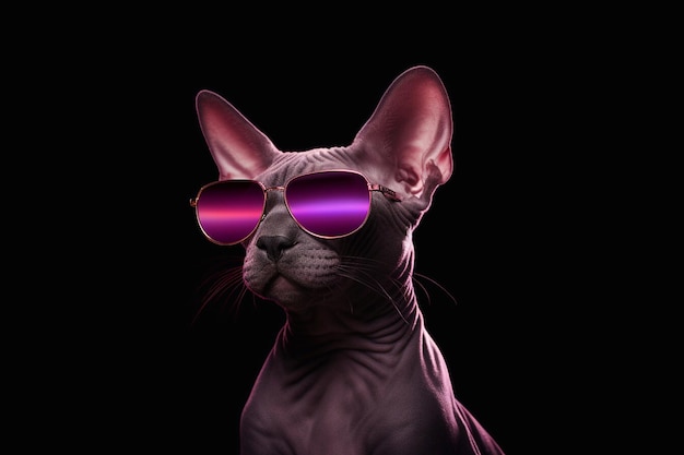 Retrato de un gato Sphynx canadiense con gafas de sol sobre fondo negro