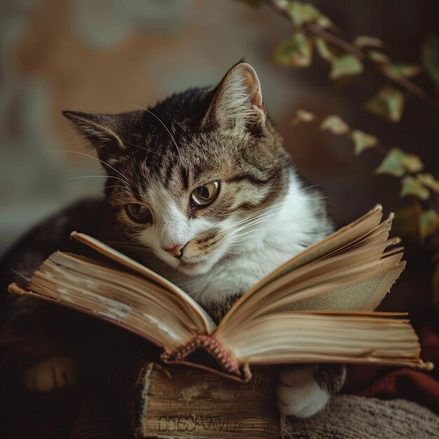 Retrato de un gato tendido sobre un libro