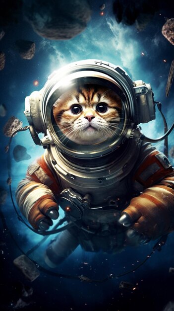 Foto retrato de un gato en un traje de astronauta sobre un fondo de espacio exterior generado por la ia