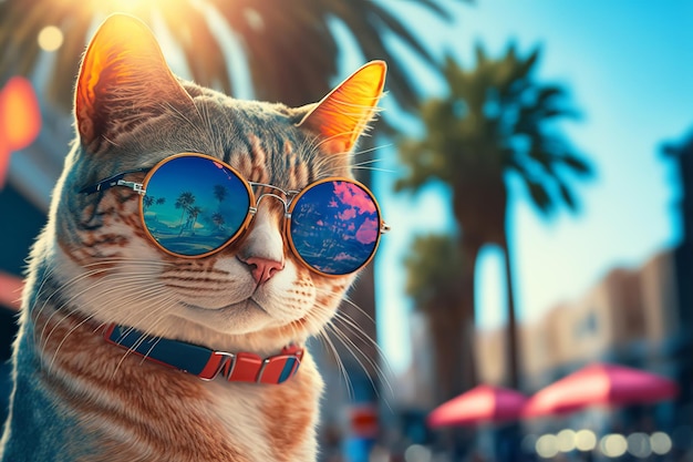 Retrato de gato viajero con gafas de sol de moda en la ciudad turística Concepto de vacaciones de verano Ilustración generativa de IA