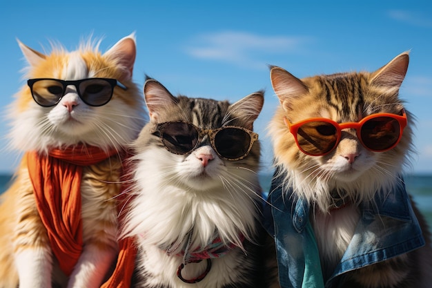 retrato de gatos con gafas de sol Animales divertidos en un grupo juntos mirando a la cámara usando ropa divirtiéndose juntos tomando una selfie Un momento inusual lleno de diversión y conciencia de la moda