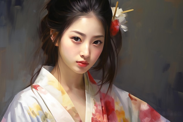 Retrato de una geisha japonesa con un kimono