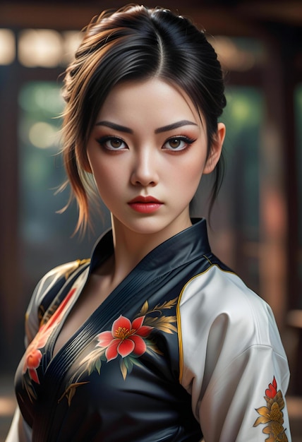 Un retrato de una geisha con un kimono