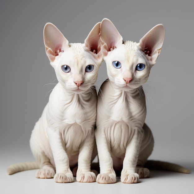 un retrato de gemelos gatos esfinx albinos blancos en un fondo gris claro