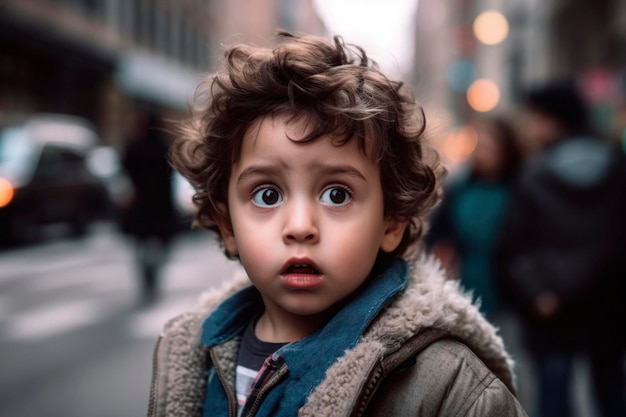 Retrato generado por IA de un auténtico susto sincero, un niño de cabello castaño en el fondo de una calle urbana