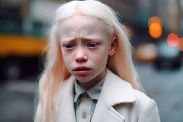 Retrato generado por IA de una niña albina sincera y auténticamente asustada en el fondo de una calle urbana