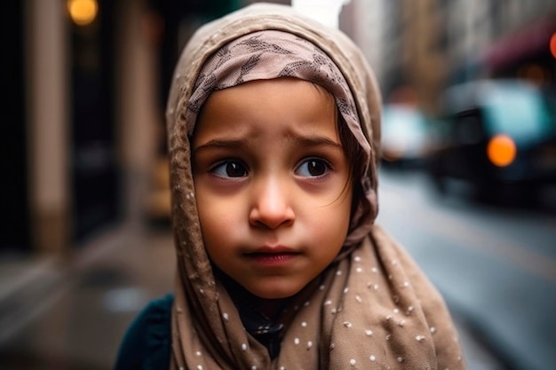 Retrato generado por IA de una niña musulmana sincera y auténticamente asustada en el fondo de una calle urbana