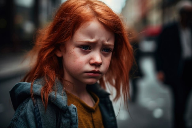 Retrato generado por IA de una niña pelirroja sincera y auténtica en el fondo de una calle urbana
