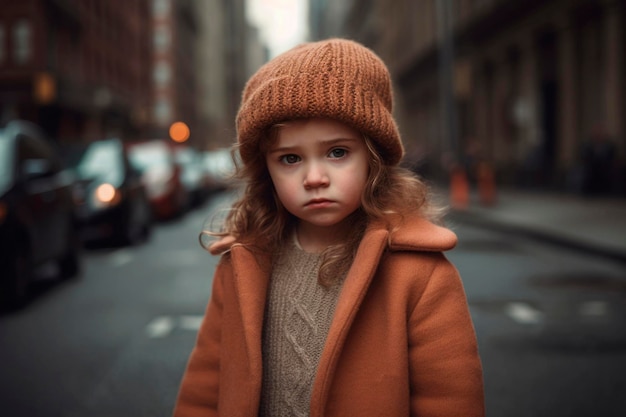 Retrato generado por IA de una niñita sincera y auténticamente asustada de cabello castaño en el fondo de una calle urbana