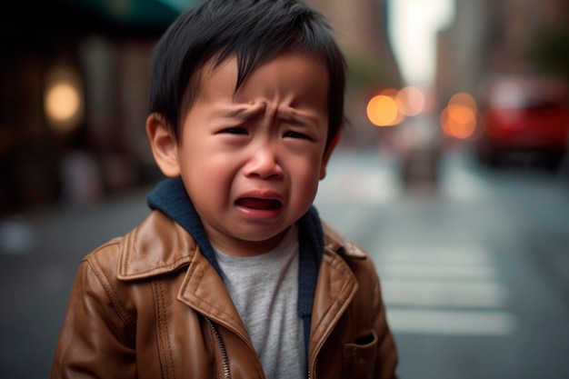 Retrato generado por IA de un niño asiático sincero y auténtico asustado en el fondo de una calle urbana