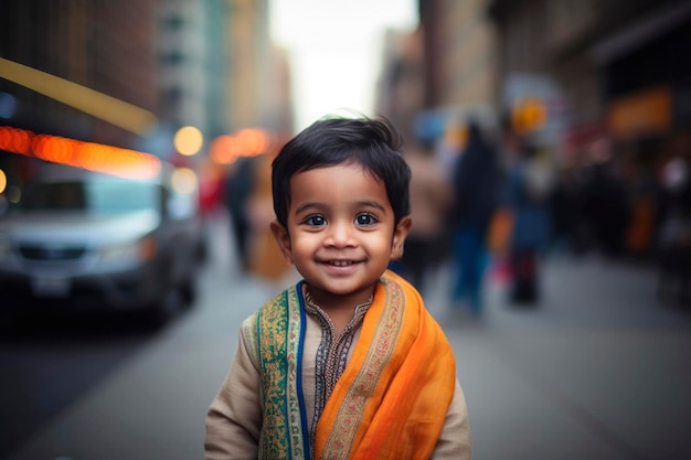 Retrato generado por IA de un niño indio sincero, auténtico, alegre y feliz en el fondo de una calle urbana