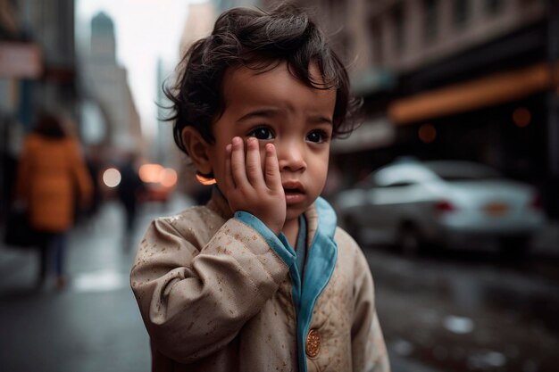 Retrato generado por IA de un niño indio sincero y auténtico asustado en el fondo de una calle urbana