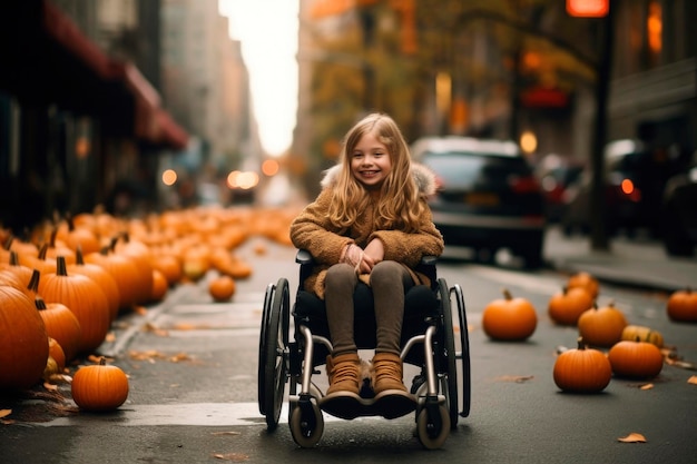Retrato generado por IA de sincero, auténtico, alegre, feliz, niño discapacitado, niña, silla de ruedas, caída al aire libre