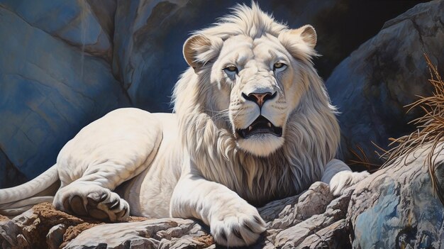 Retrato generativo AI 3d de un león blanco en una roca al aire libre