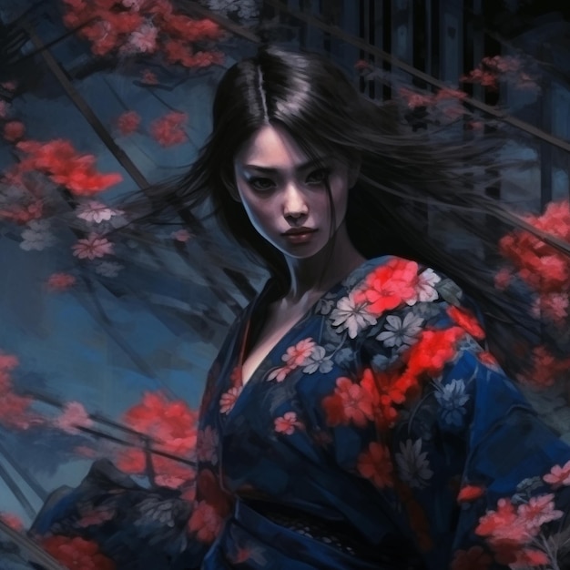 Retrato generativo ai Geisha con flores.