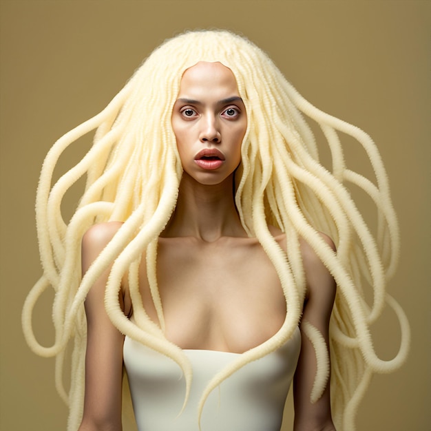 Retrato generativo de ai de uma jovem alienígena humanoide de aparência feminina com cabelo de tetáculos posando como fundo isolado