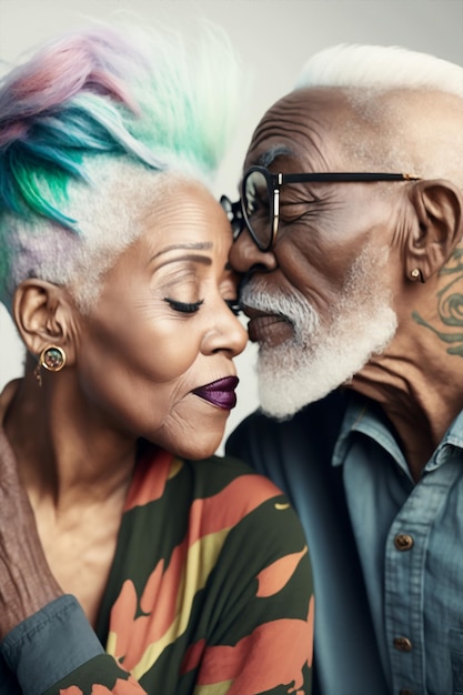 Foto retrato generativo de ai romântico e bonito, sênior, moderno, cabelo colorido, rock, casal negro