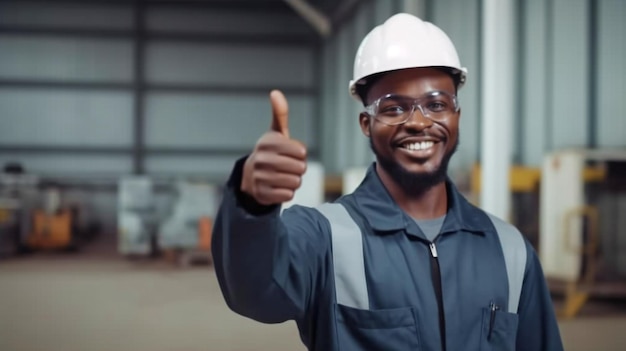 Retrato generativo de IA de um engenheiro negro americano sorrindo e dando sinal de positivo em uma indústria industrial