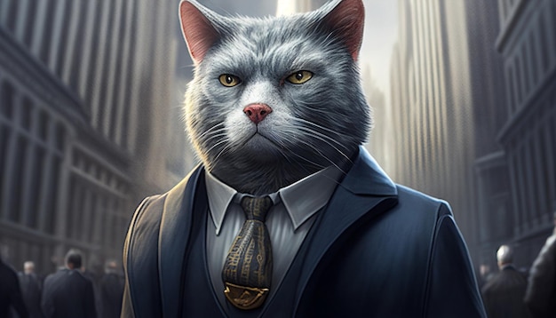 Retrato generativo de IA de um gato em um traje de negócios tradicional