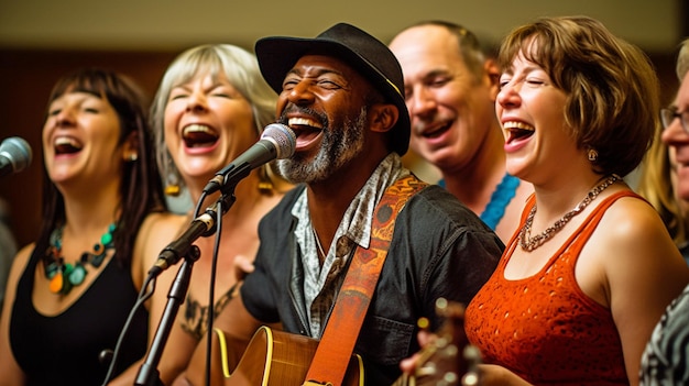 Retrato generativo de IA de um grupo de indivíduos cantando uma música