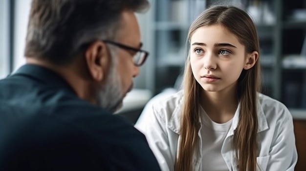 Retrato generativo de IA de um jovem médico americano conversando com um paciente adolescente em uma clínica