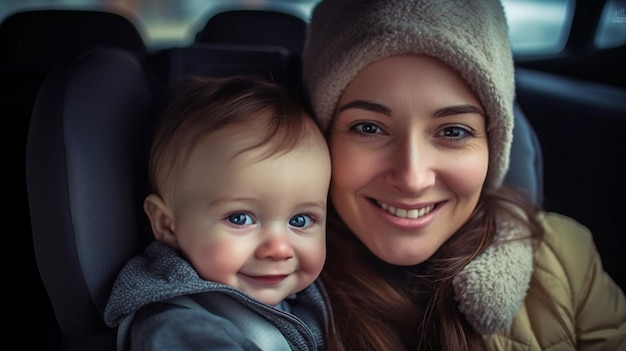 Retrato generativo de IA de uma mãe e um filho andando de carro