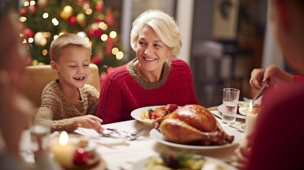 Retrato generativo de IA de uma mãe feliz desfrutando de um almoço de Natal na mesa de jantar