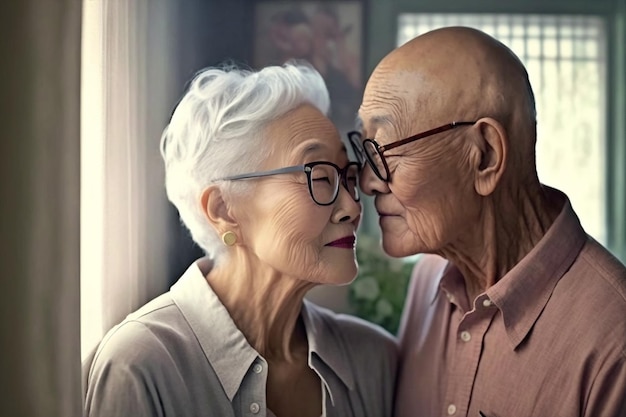 Retrato generativo de um romântico e fofo casal mestiço sênior em casa se beijando