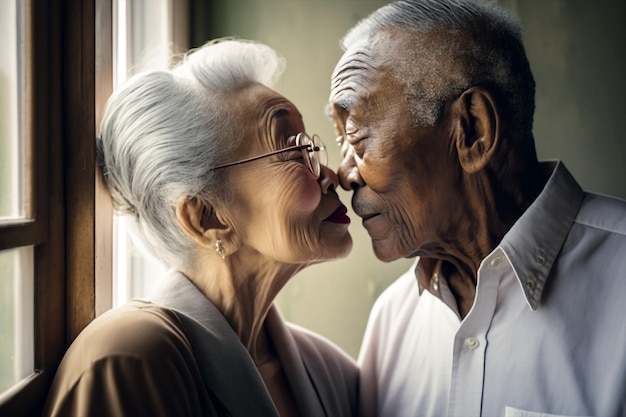 Retrato generativo de um romântico e fofo casal mestiço sênior em casa se beijando