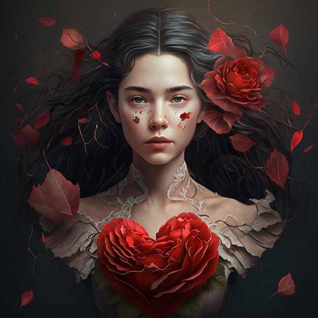 Retrato generativo de uma jovem romântica com rosas vermelhas e coração de pétalas