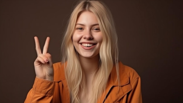 Retrato generativo de IA de una alegre joven rubia haciendo un gesto amable