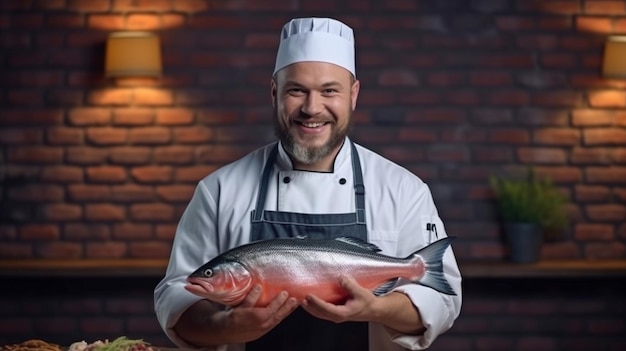 Retrato generativo de IA de un chef feliz sosteniendo un salmón