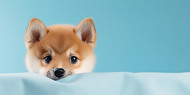 Retrato generativo de IA, divertido y feliz cachorro shiba inu asomándose detrás de una pancarta azul