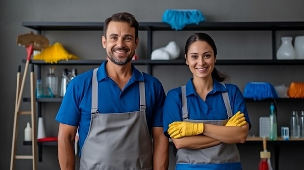 Retrato generativo de IA de dos conserjes de contenido que sostienen artículos de limpieza