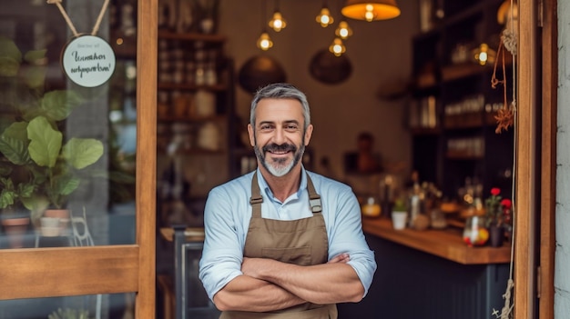 Retrato generativo de IA del dueño de un restaurante feliz parado frente a una cafetería con un letrero abierto