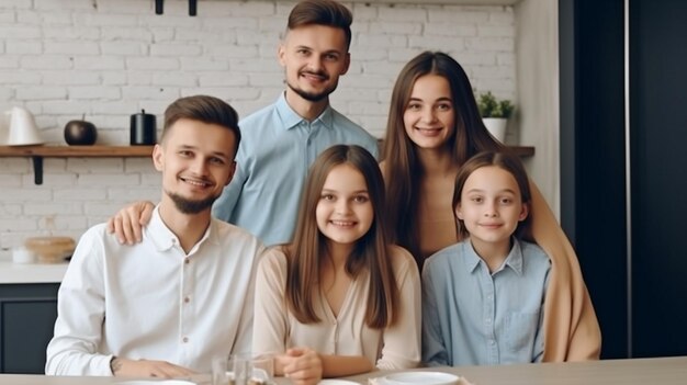 Retrato generativo de IA de una familia contenta con una madre, un padre, un hijo y una hija de pie en un comedor