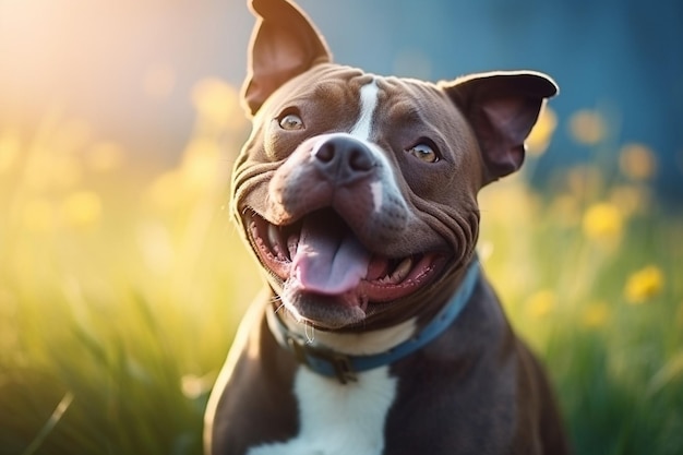 Retrato generativo de IA feliz y sonriente perro matón americano aislado sobre fondo azul