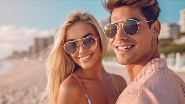 Retrato generativo de IA de una impresionante pareja caucásica paseando por la playa mientras usa lentes de sol y trajes de baño